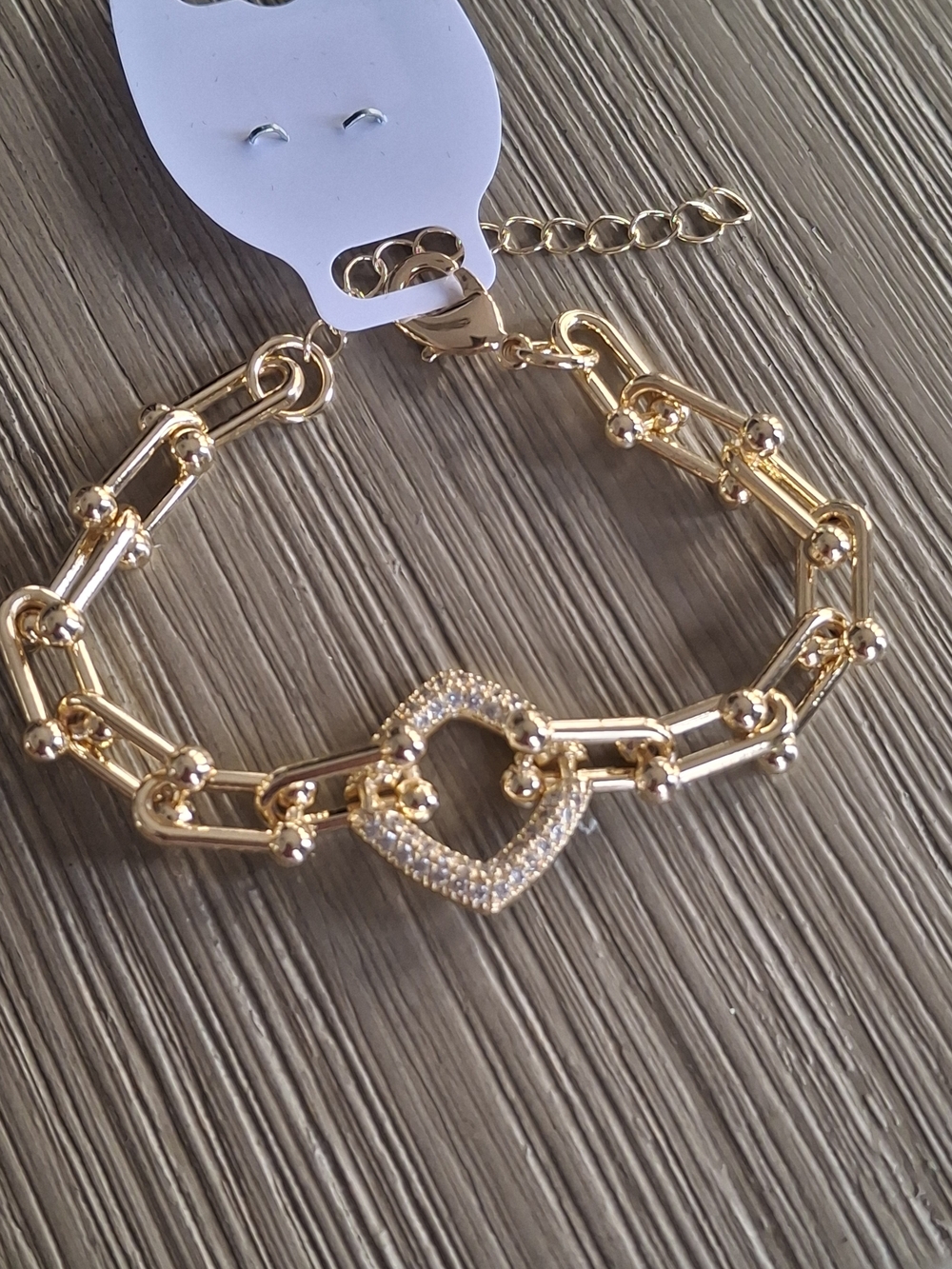 Gold Link Bracelet with Pave Heart Connector